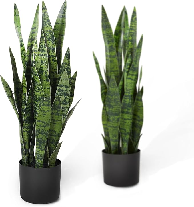 KOL 25.6’’ 2-Pack Artificial Snake Plant, Faux Sansevieria Indoor Plants, 32 Lifelike Leaves, Home Office Garden Room Decor Mother in Law Tongue, 2ft Fake Potted Houseplant, Green