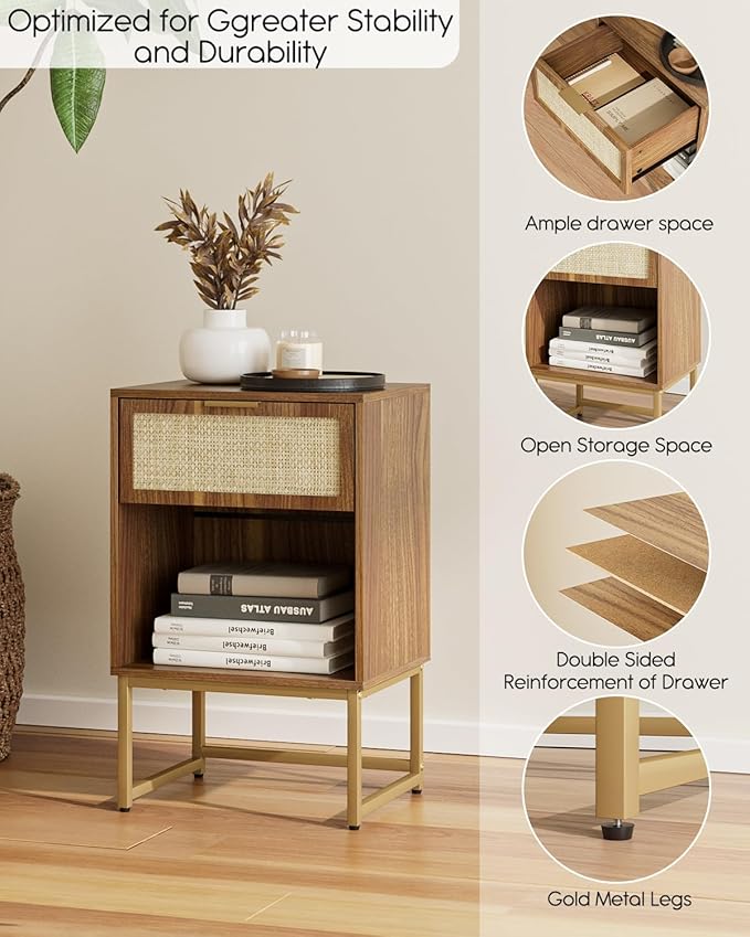 Masupu Rattan Nightstand,Modern Night Stand Boho Farmhouse Wood Bedside Table with Storage Drawer Side End Table for Bedroom,Living Room,Office,Walnut Brown