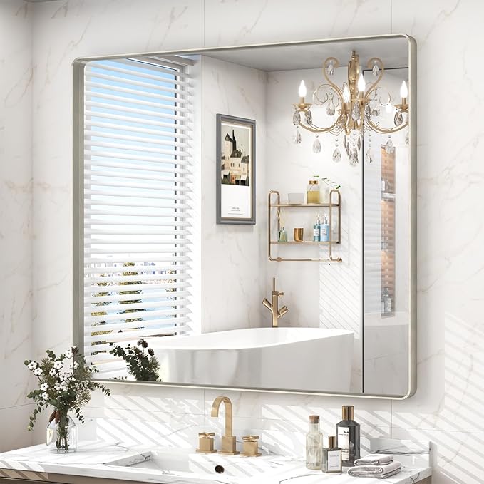 40x36 Inch Brushed Nickel Bathroom Mirror, Brushed Silver Metal Framed Wall Mirror, Rounded Corner Rectangle Modern Vanity Mirror, Tempered Glass, Anti-Rust, Shatterproof (Horizontal/Vertical)