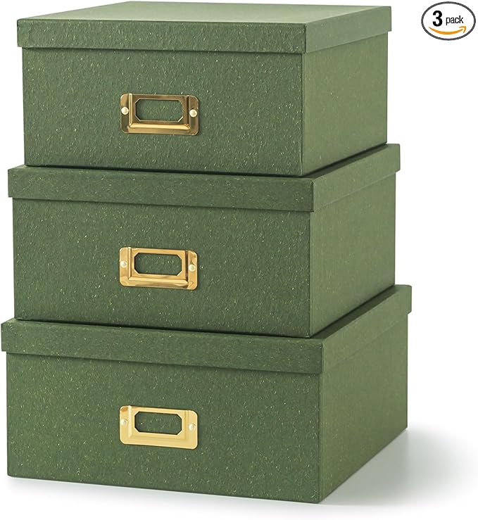 Soul & Lane Green Kraft Paper Boxes for Storage - Set of 3 Square Stacking Boxes with Lids and Gold Label Holders, Decorative Photo Storage, Nesting Cardboard Set for Decor and Organizing