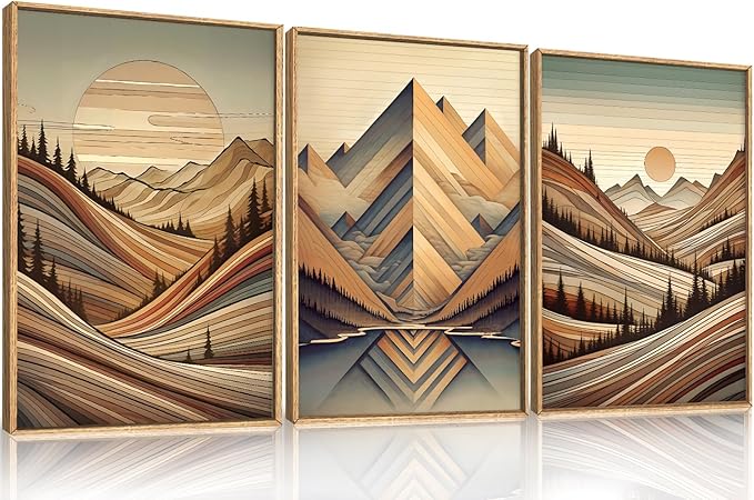 Large Vintage Woodcut Style Mountain Framed Canvas Wall Art,Mid Century Woodland Wall Decor,Boho Sunrise Forest Artwork,Modern Neutral Nature Art Print for Living Room,Bedroom,Office-24 x36 x3
