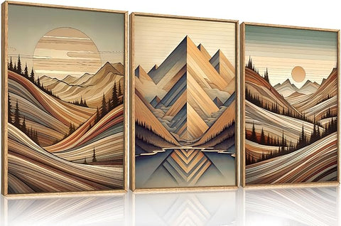 Large Vintage Woodcut Style Mountain Framed Canvas Wall Art,Mid Century Woodland Wall Decor,Boho Sunrise Forest Artwork,Modern Neutral Nature Art Print for Living Room,Bedroom,Office-24 x36 x3