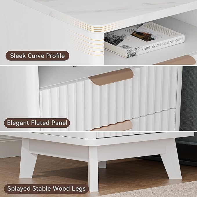 Fluted White Nightstand with 2 Drawers, 18" Modern Bed Night Stand with Faux Marble Top, Open Storage Shelf, Curved Edge Bedside Table for Bedroom, Living Room End Side Table