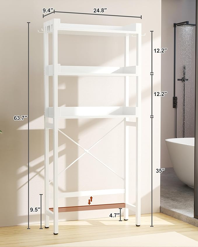 Ecoprsio Over-The-Toilet Storage Rack, 3-Tier Bathroom Organizer Shelf Over Toilet, Freestanding Space Saver Toilet Stands with 4 Hooks, White