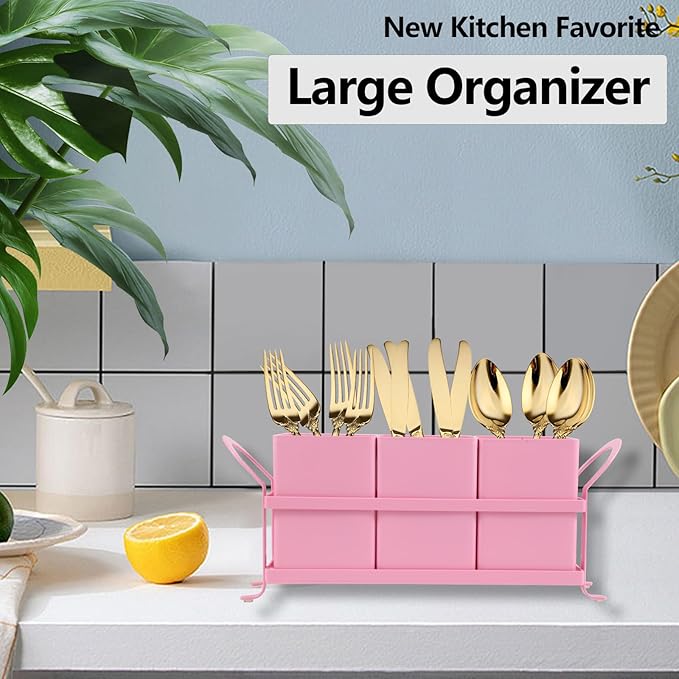 Metal Silverware Caddy,3 Compartment Utensil Holder With Metal Rack,Utensil Caddy Flatware Cutlery Organizer for Countertop Party Picnic Camping Outdoor Pink