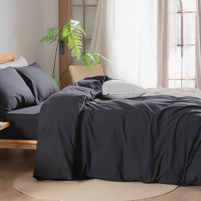 BESTOUCH Duvet Cover Set 100% Washed Cotton Linen Feel Super Soft Comfortable Chic Lightweight 2 PCs Home Bedding Set Solid Deep Black Twin/Twin XL