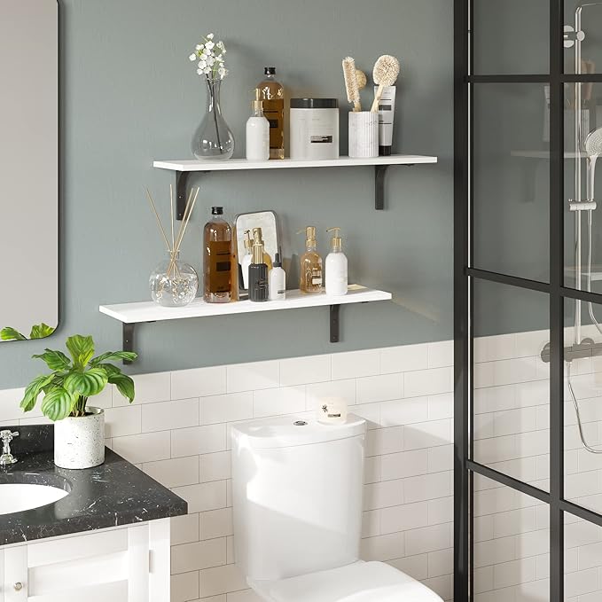 DINZI LVJ Long Wall Shelves, 23.6 Inch Wall Mounted Shelves Set of 2, Easy-to-Install, Wall Storage Ledges with Sturdy Metal Brackets for Living Room, Bathroom, Bedroom, Kitchen, White