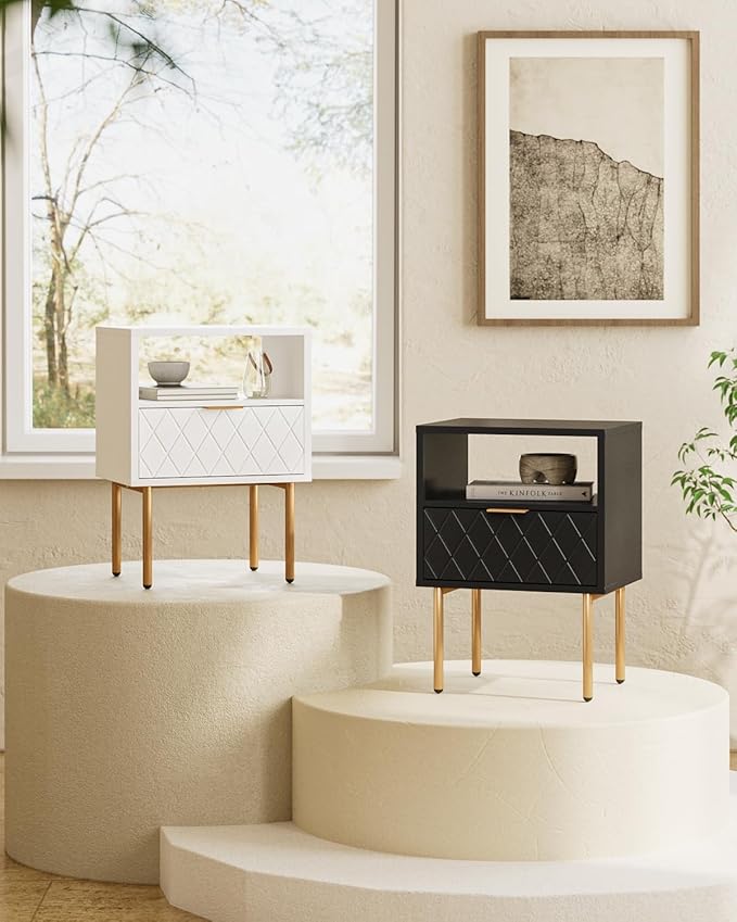 Nightstand,Morden Bedside Table with Gold Frame,Small White Night Stand,End Table,Bedside Furniture,Side Table with Drawer and Shelf for Bedroom,Living Room (1Drawer, Black-Square)