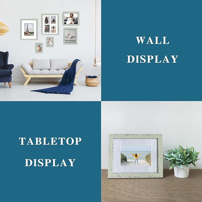 5x7 Picture Frame Set of 2, Made of Real Glass and Sage Green Wooden Frame - Display Pictures 4x6 with Mat or 5x7 Without Mat, 5 by 7 Photo Frame for Wall or Tabletop Display