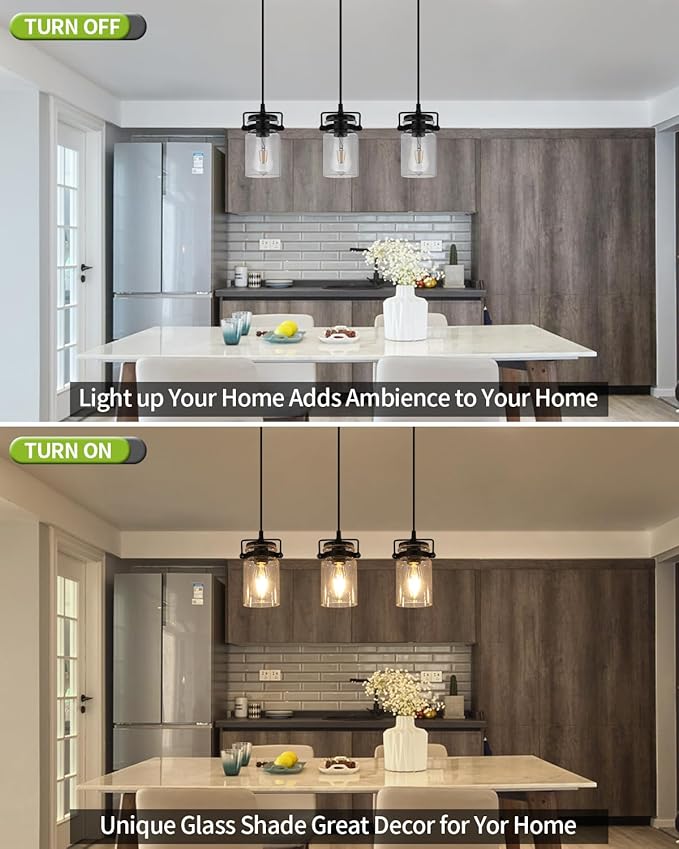 Kitchen Pendant Lighting Over Island Pendant Lights with Seeded Glass Shade Black 3 Pendant Lighting Adjustable Farmhouse Ceiling Light for Kitchen Island Dining Room Bedroom Living Room