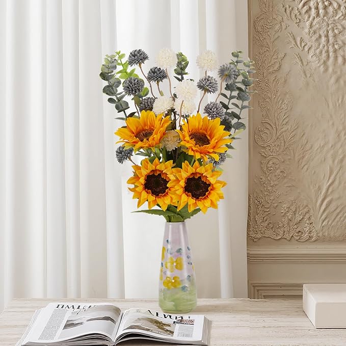 Fake Sunflowers with Hand-Painted Vase,16" Artificial Flowers in Small Ceramic Vase,Silk Flower Eucalyptus Bouquet Faux Arrangements for Home Living Room Kitchen Office Coffee Table Decor