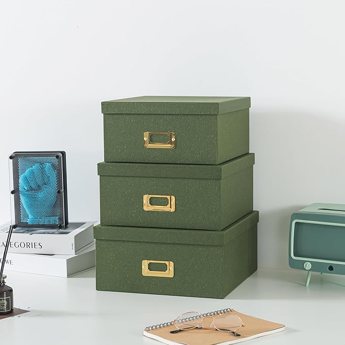 Soul & Lane Green Kraft Paper Boxes for Storage - Set of 3 Square Stacking Boxes with Lids and Gold Label Holders, Decorative Photo Storage, Nesting Cardboard Set for Decor and Organizing