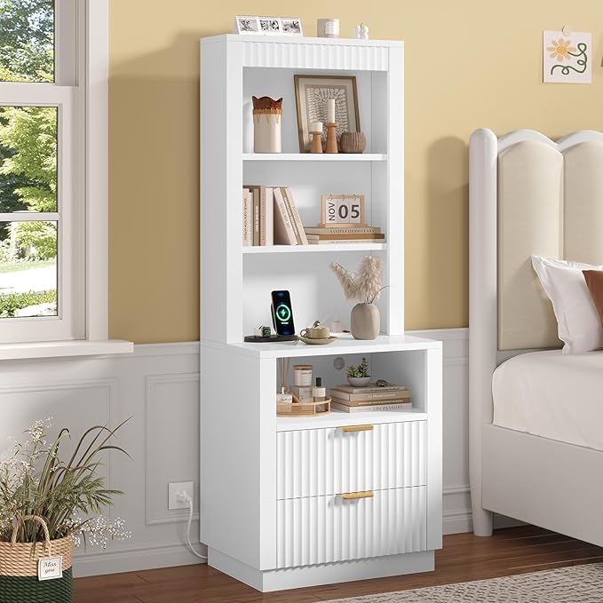 ADORNEVE Tall Fluted Nightstand Set of 2, Side Table with Drawers & Open Shelf, Mid Century Modern Night Stand with Metal Handle, Wooden Bedside End Table for Bedroom,Living Room,White