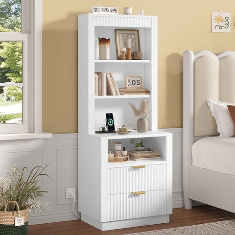 ADORNEVE Tall Fluted Nightstand, Side Table with Drawers & Open Shelf, Mid Century Modern Night Stand with Metal Handle, Wooden Bedside End Table for Bedroom,Living Room,White