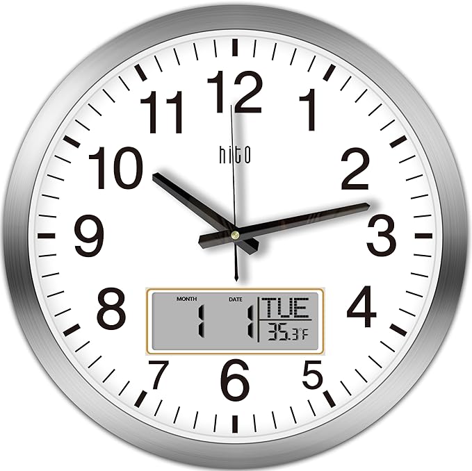 HITO 14 Inch Silent Wall Clock Battery Operated with Temperature and Date, Large Wall Clock for Living Room Decor, Office, Classroom, Bedroom