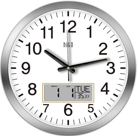 HITO 14 Inch Silent Wall Clock Battery Operated with Temperature and Date, Large Wall Clock for Living Room Decor, Office, Classroom, Bedroom