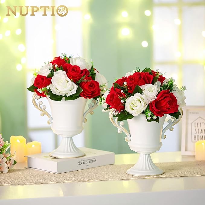 NUPTIO Pcs of 2 Fake Flower Ball Arrangement Bouquet,15 Heads Plastic Roses with Base, Suitable for Our Store's Wedding Centerpiece Flower Rack for Parties Valentine's Day Home Décor (Red & White)