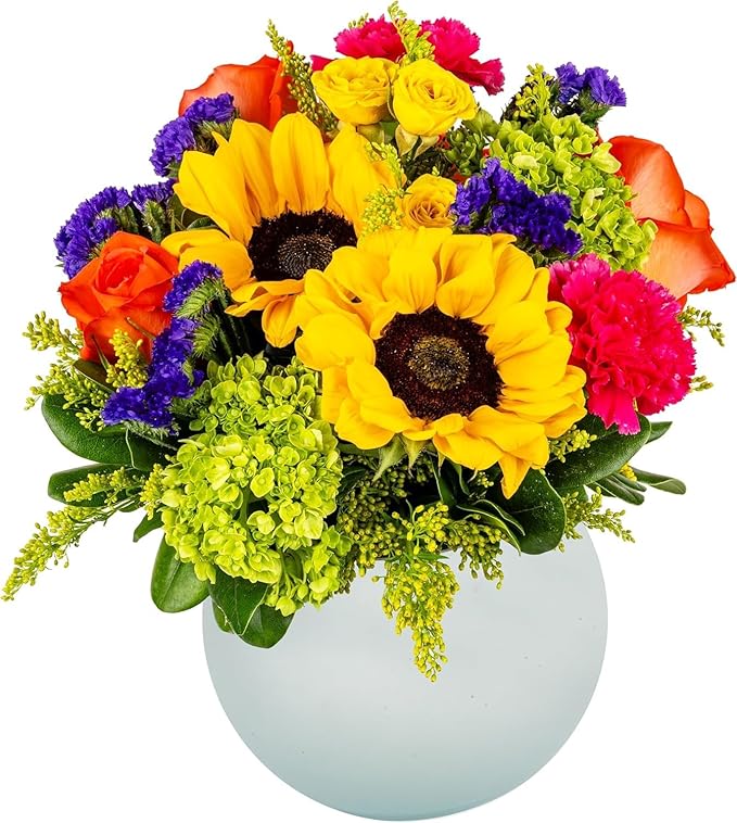 Hugs & Kisses in Opal Vase | Yellow, Orange | Arabella Bouquets | Real Fresh Flowers for Delivery, Gift for Birthday, Congratulations, Anniversary, Thank You, Mother's Day