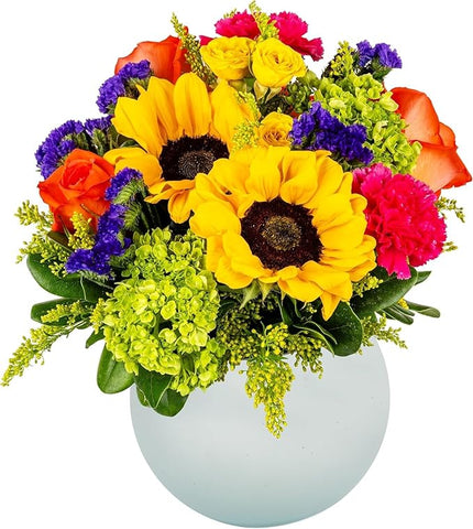 Hugs & Kisses in Opal Vase | Yellow, Orange | Arabella Bouquets | Real Fresh Flowers for Delivery, Gift for Birthday, Congratulations, Anniversary, Thank You, Mother's Day