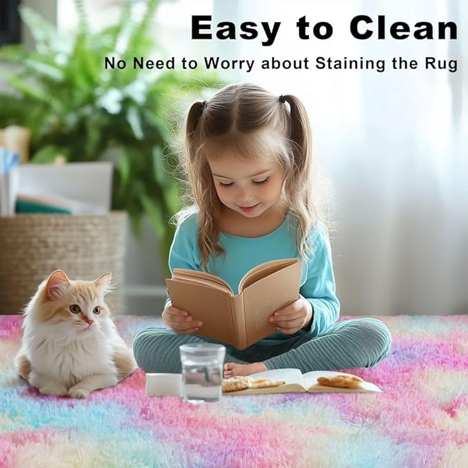 Rainbow Area Rugs for Girls Bedroom, 9x12 Fluffy Fuzzy Shaggy Carpet for Kids Playroom Nursery Living Room, Thick Soft Plush Mat for Kids Baby Boys Teen Dorm Home Decor Aesthetic