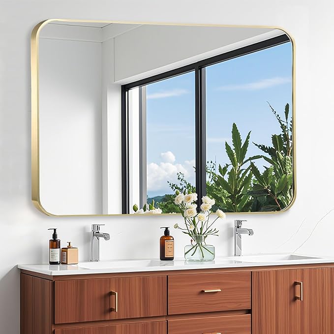 48x30 Inch Gold Bathroom Mirror, Brushed Brass Gold Metal Framed Rectangular Mirror with Rounded Corner, Bathroom Vanity Mirror for Bedroom or Living Room, Horizontal/Vertical