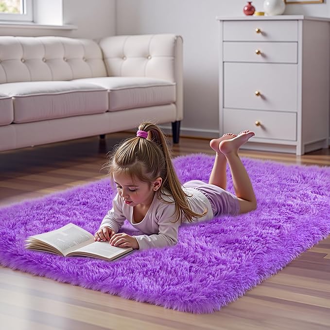 Purple Area Rugs for Bedroom Living Room, 3x5 Soft Fluffy Fuzzy Shag Plush Furry Carpet, Large Indoor Floor Mat for Kids Nursery Home Dorm Office Decor Aesthetic