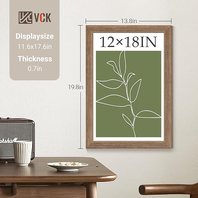 VCK 12x18 Poster Frame Set of 4 - Walnut, Gallery-Quality Wood Picture Frames, 1.1-Inch Wide Border, Polished Plexiglass, Vertical or Horizontal Wall Display for Photo/Art/Prints, Walnut