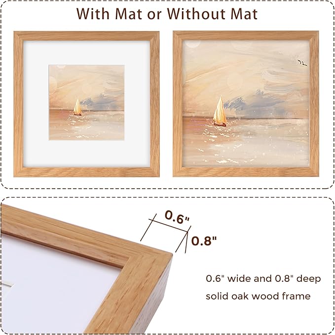 12x12 Picture Frame, Solid Oak Wood 12"x12" Photo Frame for Wall, 12 x 12 Frame Matted to 8 x 8, Square 12x12 Frame, Tempered Real Glass, 12 x 12 Collage Gallery Frames - Natural Oak Color, 1 Pack