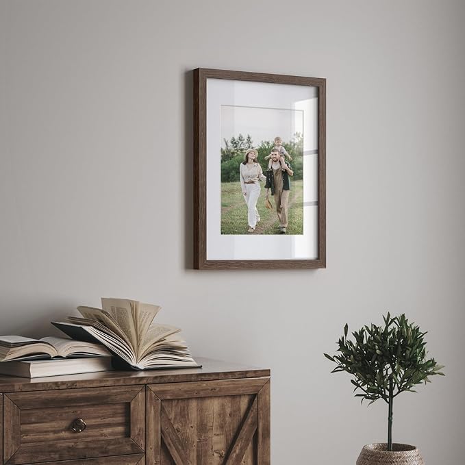 Yaetm 11x14 Picture Frame with Mat for 8x10 - Brown Walnut, Rustic Solid Wood Photo Frame 11 x 14 with Tempered Glass for Art Print & Picture, Horizontal and Vertical Wall Mount (Single, Walnut)