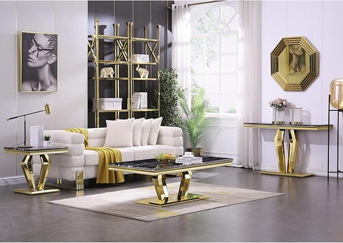 ACEDÉCOR Gold Coffee Table, 48 inch Rectangle Living Room Coffee Table with Polished Geometric Base, Black and Gold Tea Table for Home, Office, Reception Room
