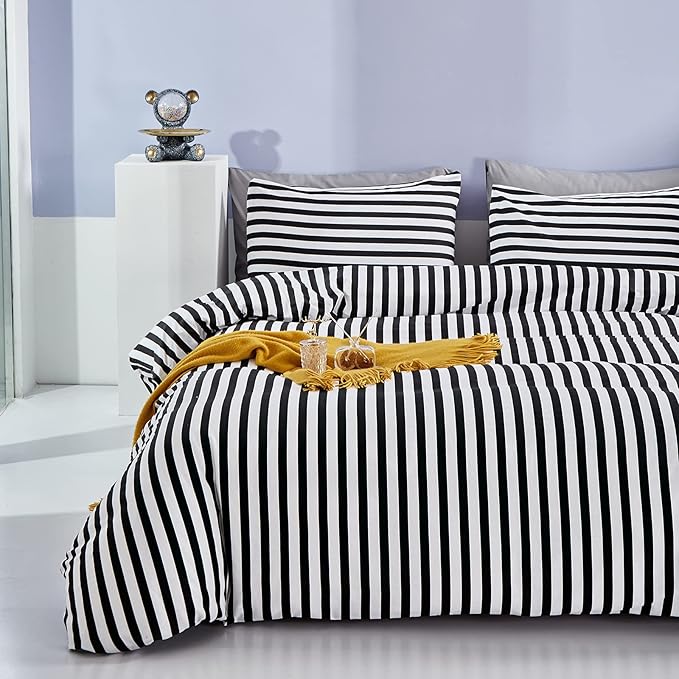CLOTHKNOW Striped California King Comforter Sets Black White Bedding Comforter Sets All Season Farmhouse Ticking Comforter with 2 x Pillow Cases
