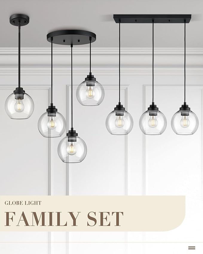 Black Island Light, 3-Light Linear Chandelier with Clear Glass, Globe Pendant Light Fixture for Dining Room Kitchen Island Living Room Pool Table, ZCPL101BK-3S