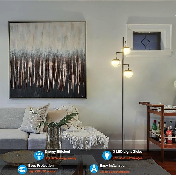 Fiqevs Mid Century Modern Floor Lamp with LED Bulbs, 3 Globe Standing Lamp with 3 Ribbed Clear Orb Shades, Black Tall Lamp for Living Room Bedroom Office