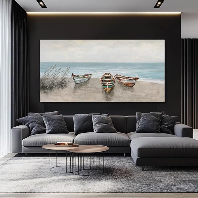 WINKAILIN Large Landscape Wall Art Blue Ocean Pictures Wall Decor Wooden Boat Painting Artwork for Walls Living room Office Home Decoration 29x58 Inch