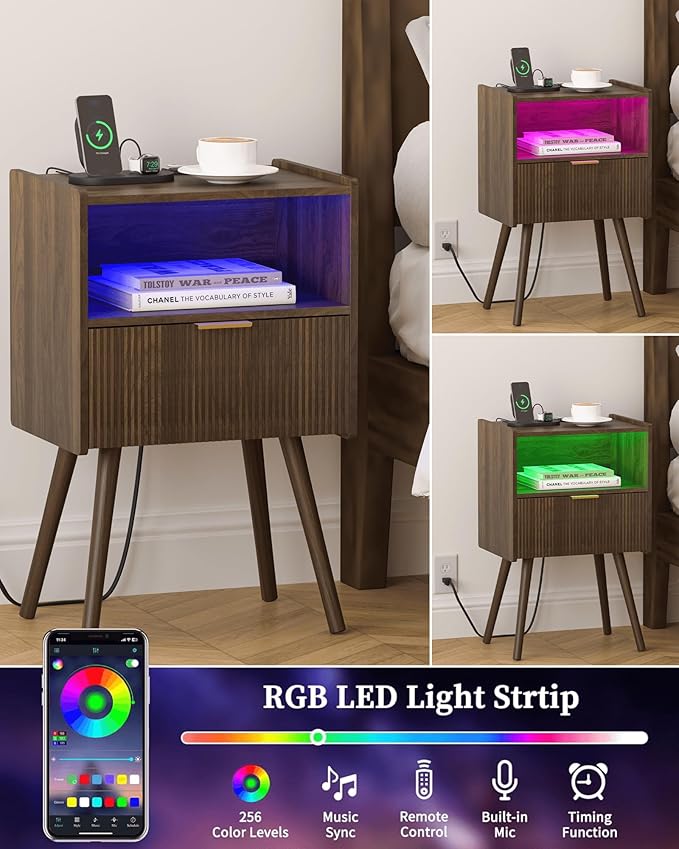 Nightstand, Modern Bedside Table with Charging Station and LED Lights, Night Stand with Storage Drawer and Solid Wood Legs