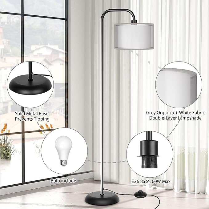 PARTPHONER LED Floor Lamp for Living Room, Modern Standing Lamp with Foot Switch Grey Organza Fabric Shade Tall Pole Reading Lamp for Bedroom Study Room Office, 9W Bulb Included