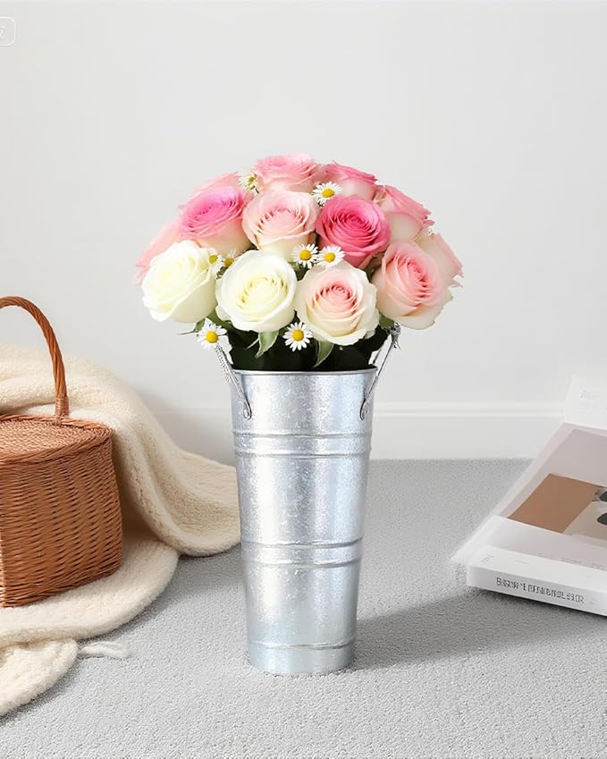 12 Inch Galvanized Flower Buckets - 8 PCS Galvanized Metal Vases for Flowers Tin Flower Holders for Home Decor Wedding Centerpieces Indoor Outdoor Use