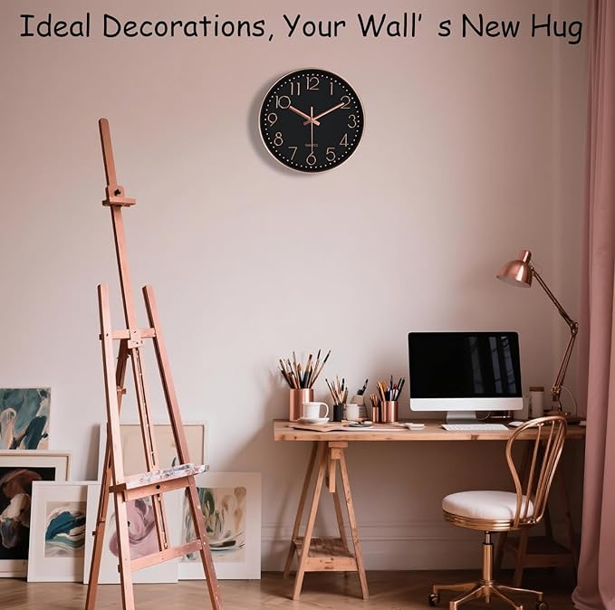 Modern Silent Wall Clock - 12 Inch Wall Clocks Battery Operated Large Number, Non-Ticking Analog Clock with Tempered Glass Quartz Clocks for Living Room Bedroom Office Kitchen, Black Rose Gold