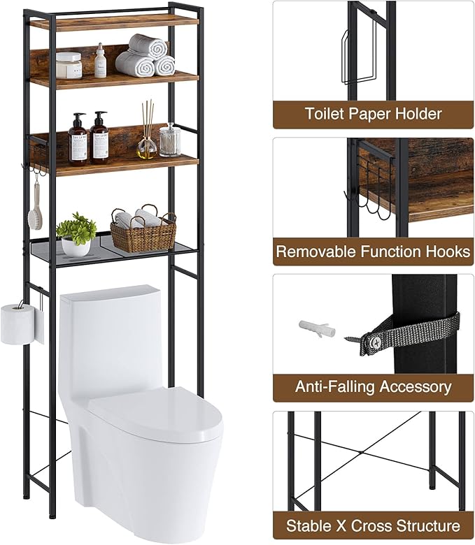 Rolanstar Over The Toilet Storage 4-Tier, Freestanding Bathroom Organizer, Sturdy Behind Toilet Rack with Hooks, Space-Saving Design, Fits Most Toilets, Rustic Brown