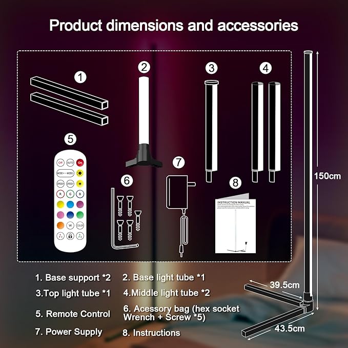 Corner Lamp, Led Floor Lamp, RGB Ambient Lighting, Smart Modern Floor Lamp with Remote, Color Changing Dimmable Corner Light with Music Sync, Mood Lighting for Bedroom, Living Room Gaming Room