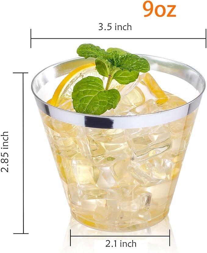 I00000 200pcs Silver Disposable Plastic Cups - 9 oz Clear Plastic Old Fashioned Tumblers - Fancy Wedding & Party Cups - Elegant Silver Wine & Cocktail Glasses