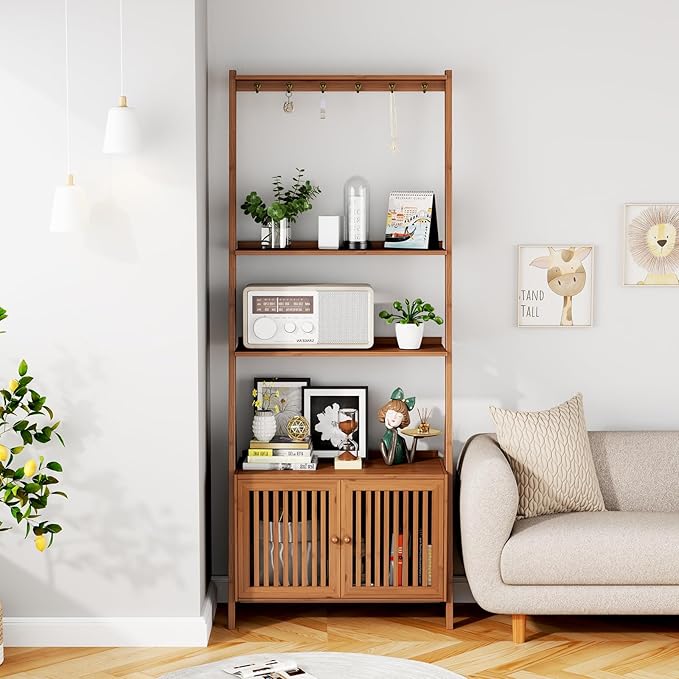 Bookcase with Drawers, 4-Tier Bamboo Bookshelf Ladder Shelf with 6 Hooks, Tall Narrow Retro Book Shelf, 24.8"L x 10.6"W x 59.5"H, Standing Storage Organizer for Living Room, Office, Bedroom, Walnut