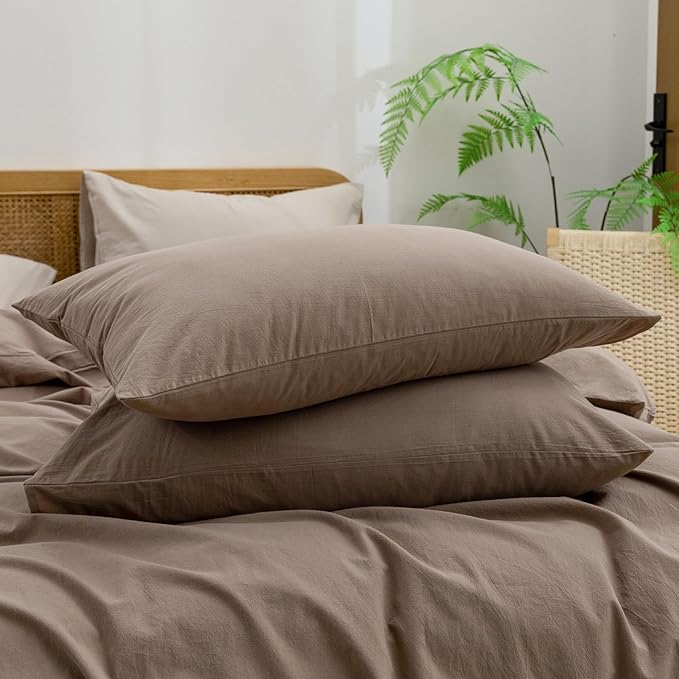 BESTOUCH Duvet Cover Set 100% Washed Cotton Linen Feel Super Soft Comfortable Chic Lightweight 3 PCs Home Bedding Set Solid Pine Bark Brown Oversized Full