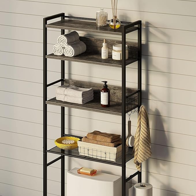 Rolanstar Over The Toilet Storage 4-Tier, Freestanding Bathroom Organizer, Sturdy Behind Toilet Rack with Hooks, Space-Saving Design, Fits Most Toilets, Gray