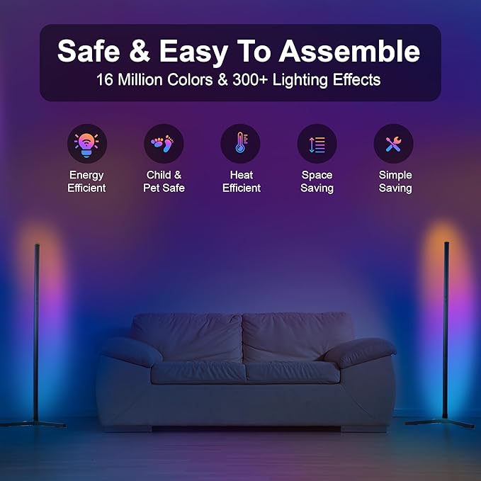 2 Pack Corner Floor Lamp – 57'' Tall RGB Lamp Modern Mood Lighting with 88 LEDs, Bluetooth App Control, and Sturdy Base for Effortless Setup