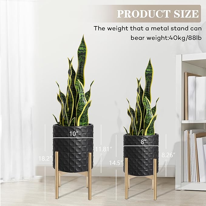 Oakrain Planters for Indoor Plants, Set of 2 Decorative Metal Planter Pots, Mid Century Modern Planter with Stand for Living Room, Office, Garden or Balcony, Black, 8"&10"