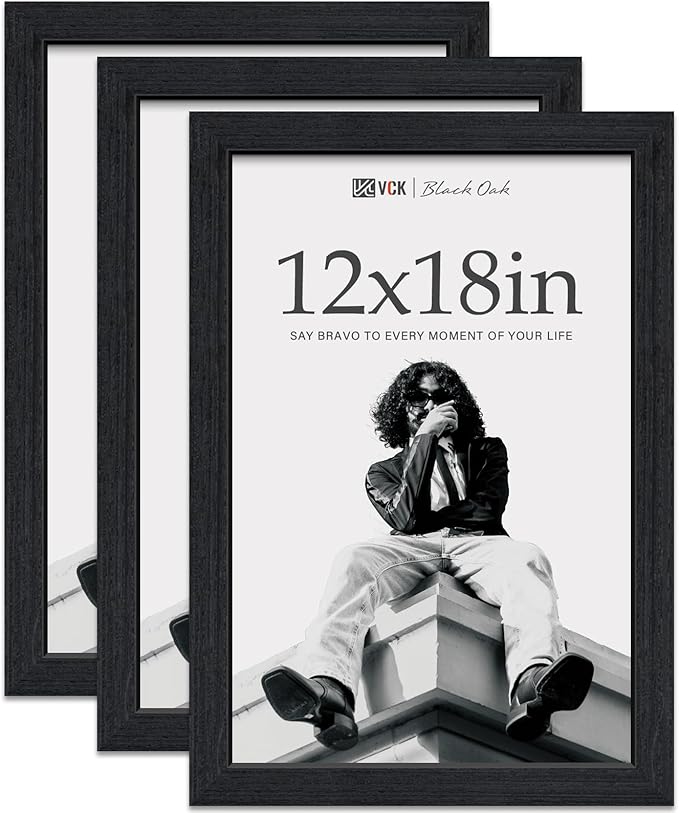 VCK 12x18 Black Oak Poster Frame 3-Pack, Natural Grain Solid Wood Picture Frame, Wall Gallery Frame
