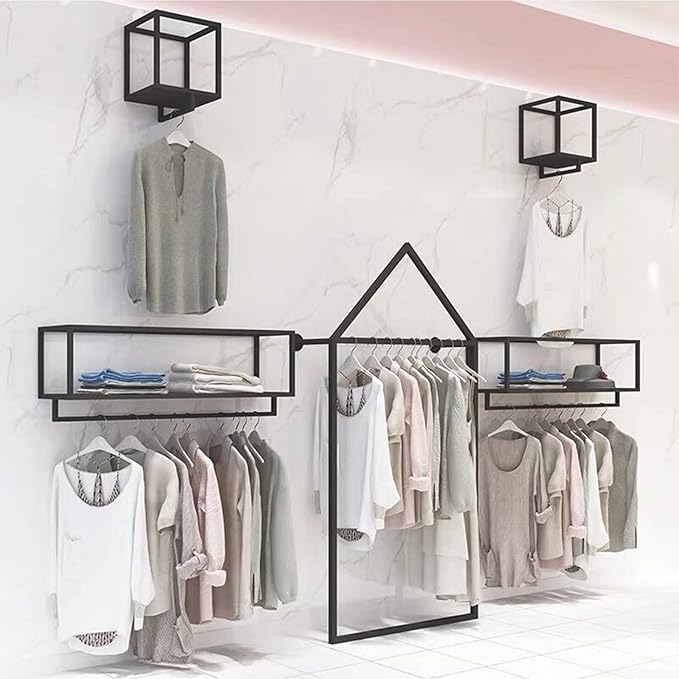 Metal Garment Racks in Boutique Clothing Stores Display,Wall-Mounted Hanging Potted Plants Clothes Shelf in Home,Towel Rack for Bathroom Storage Shelves (Black, 11.8" L)