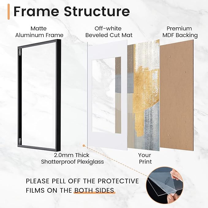 16x20 inch Metal Picture Frame - 16 x 20 Thin Aluminum Photo Frames with 11x14 Removable Mat - High Definition Plexiglass - Vertical and Horizontal Display - Wall Hook Hanging Hardware Included - Black, Set of 4