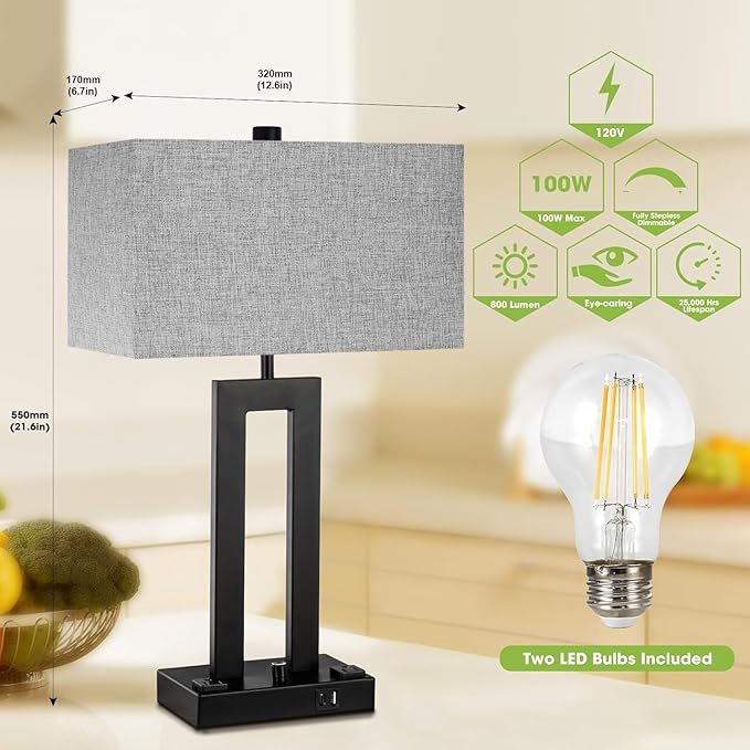 Modern Table Lamps Set of 2-22" Tall Bedside Lamps with USB-C/USB-A Charge Ports & Outlet, Stepless Dimmable Fabric Gray Shade Nightstand Lamps for Bedroom & Living Room